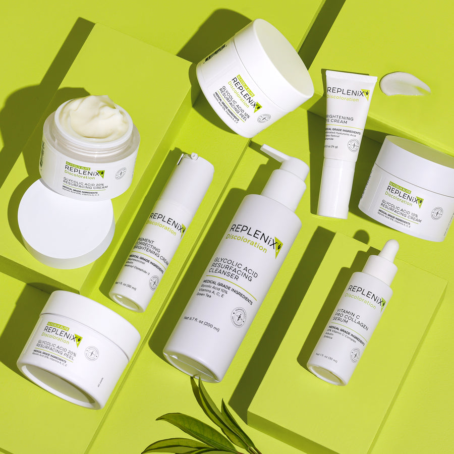 Skincare for discoloration. Replenix discoloration collection products help reduce the appearance of all signs of uneven tone, including hyperpigmentation, age spots, melasma, and acne scars without irritation. 