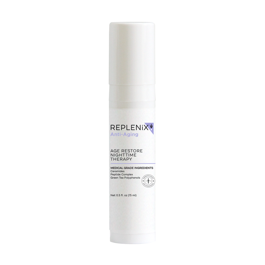 Image of mini size bottle of REPLENIX Age Restore Nighttime Therapy skincare.