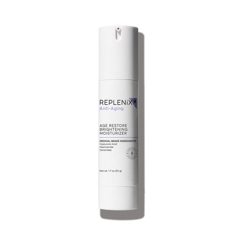 Image of white bottle | Age Restore Brightening Moisturizer | Anti-Aging | Replenix | REPLENIX Age Restore Brightening Moisturizer is a clinical-grade restorative brightener enriched with the age-defying properties of niacinamide that help restore skin’s youthful glow and appearance. Helping to improve skin firmness, elasticity, and texture, the advanced formula deeply moisturizes.